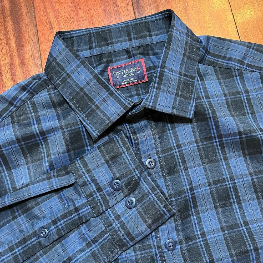 UNTUCKit Mens Medium Blue Plaid Performance Preppy Polyester Bacaro Regular Fit